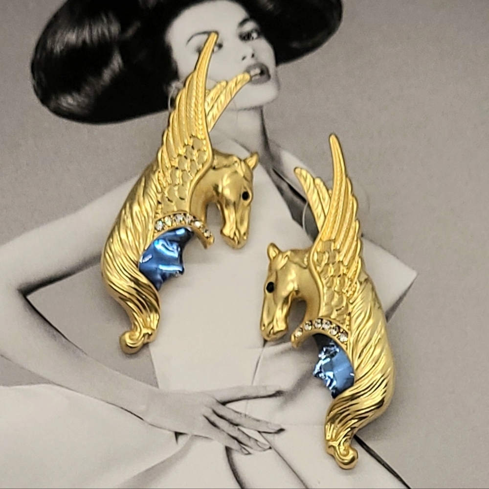 Vintage Kirks Folly Luxury Crystal Winged Pegasus Warrior Face Gold Earrings
